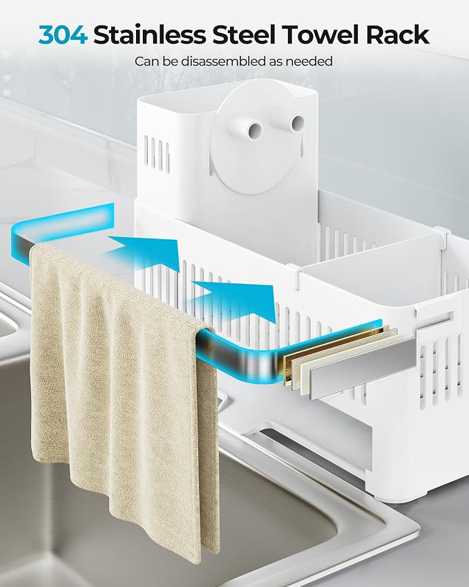Nieifi Sponge Holder, White Rustproof ABS Sink Caddy with Towel Rack | Smiley Sponge and Brush Holders with Drainage to Keep Items Dry. 10"L x 4.5"D. Kitchen Counter Organizer & Essential Storage. - Image 5