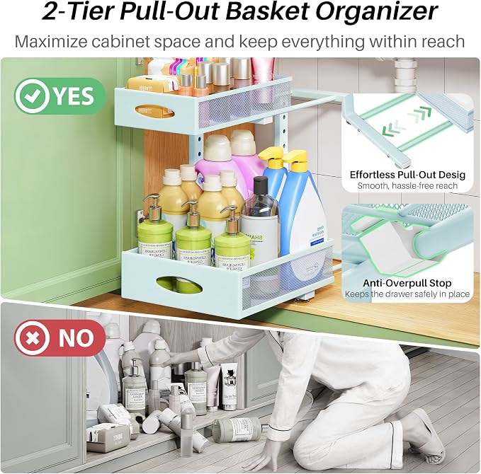 Under Sink Organizer, 1-Pack Pull Out Cabinet Organizer 2 Tier Metal Slide Out Storage Shelf Rack, L-Shaped Adjustable Height,Mesh Sliding Drawer for Kitchen, Bathroom, Laundry, Pantry, Blue, XL - Image 4