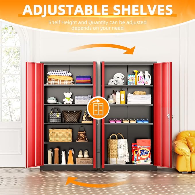 Metal Storage Cabinet with Doors, 72" Locking Steel Storage Cabinet with Shelves, Tall Metal Cabinet Lockable Steel Cabinets for Home Office, Garage,(Black+Red) - Image 4