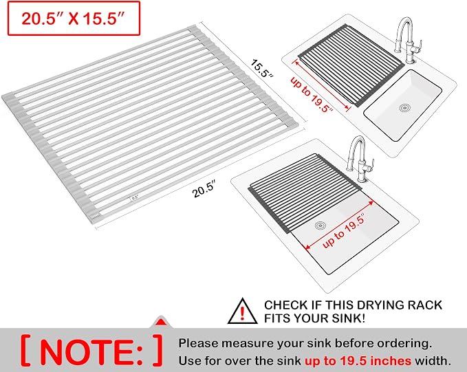 20.5 x 15.5 Inch Roll-Up Dish Drying Rack, Fits Across Sink Openings up to 19.5 Inches, Heavy-Duty Premium Silicone, Strong Support, Non-Slip, Heat-Resistant, Warm Gray - Image 2