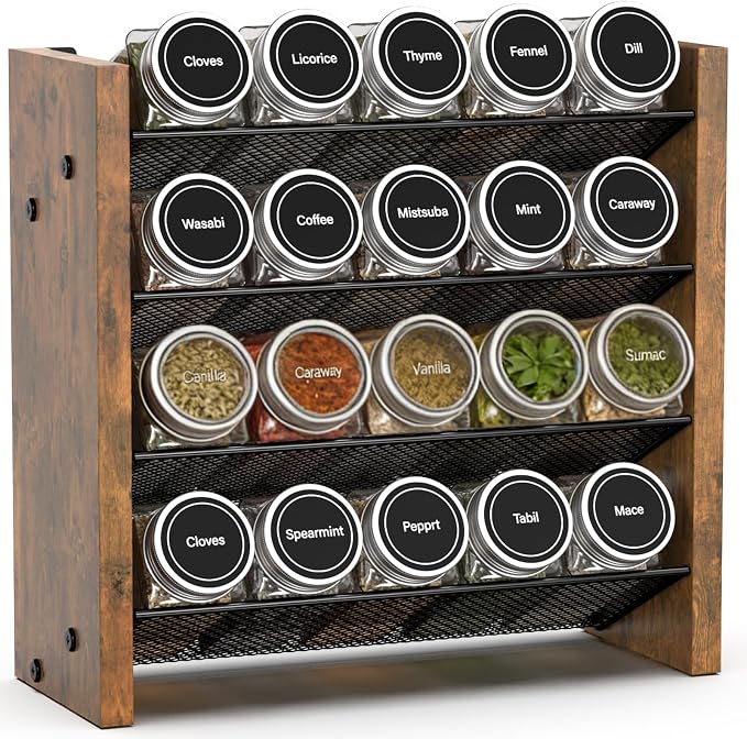Spice Rack Organizer for Cabinet, Seasoning Organizer, No Jars Included | Holds 20 Standard 4 oz Jars, Fits Jars Under 1.8 in Wide, 4-Tier Kitchen Countertop Shelf, Wall Mount, 10.3" W x 10.3" H by NESAPTO