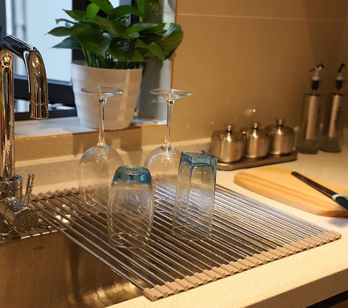 Ahyuan Roll up Dish Drying Rack Over The Sink Kitchen Roll up Sink Drying Rack Portable Dish Drainer Foldable Dish Drying Rack (Warm Gray, 17.8''X15.8'') - Image 5