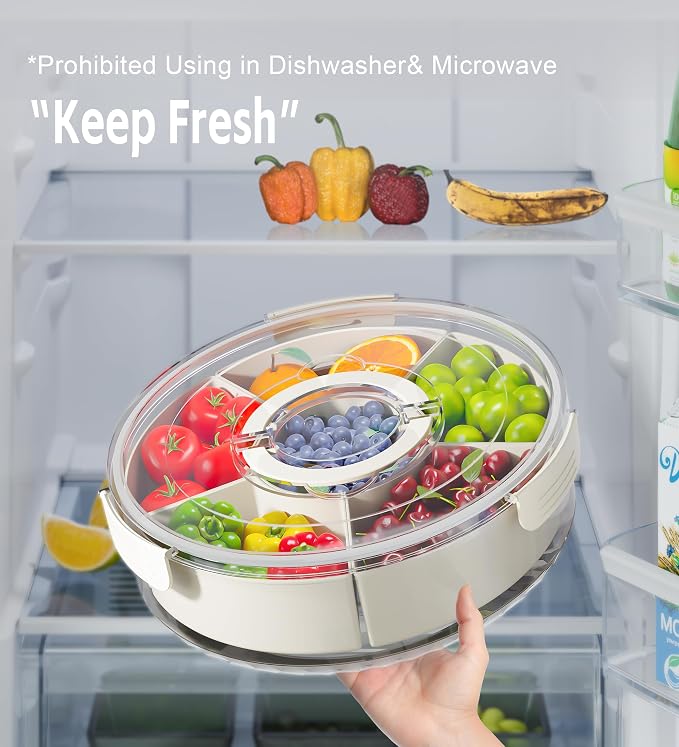 Divided Rotating Serving Tray with Lid and Handle, Portable Snackle Box for Fruits Snacks Veggie Charcuterie, Clear Lazy Susan Organizer and Fridge Storage Container for Adults Child (2PCS,12" L - Image 5