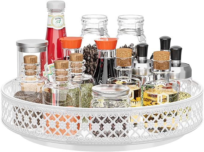 13 inch Lazy Susan Turntable - Metal Spice Organizer for Cabinet Table Top | 360° Smooth Rotating Tray White Lazy Susan with Rim for Dining Table, Pantry, Countertop, Kitchen, Bathroom Vanity Storage by OVICAR