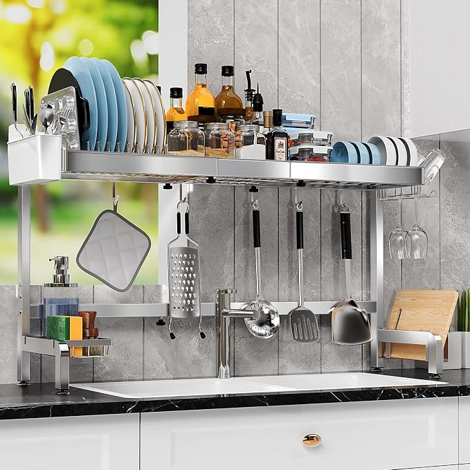 2-Tier Stainless Steel Over-the-Sink Dish Drying Rack, Expandable | Expands from 37.3 to 44.7 inches with two tiers, hooks and holders to organize cookware, dishes and utensils. by StartYourHomeStorageLife