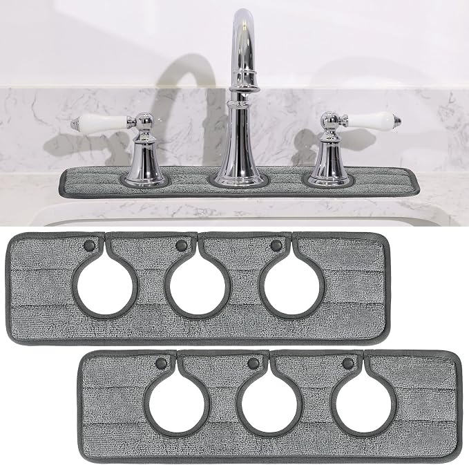 Teenyyou 2 Pcs Faucet Mat for Kitchen Sink Splash Guard for Kitchen Sink Faucet Dish Drying Mat for Bathroom Sponge Holder(Dark Gray,3 Round Holes) by Teenyyou