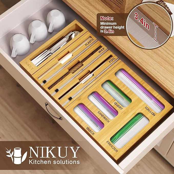9 IN 1 Bamboo Foil and Plastic Wrap Organizer for Kitchen Drawer, Plastic Bag Organizer Organization and Storage, Food Storage Bag Organizer with Labels for Quart Gallon Snack Sandwich Bag - Image 3