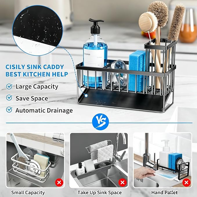 Cisily Sink Caddy Sponge Holder for Kitchen with Brush Holder and Stainless Steel Self Drain Tray, Rustproof Kitchen Sink Organizer for Sponge, Soap Dispenser Storage Accessories - Image 2