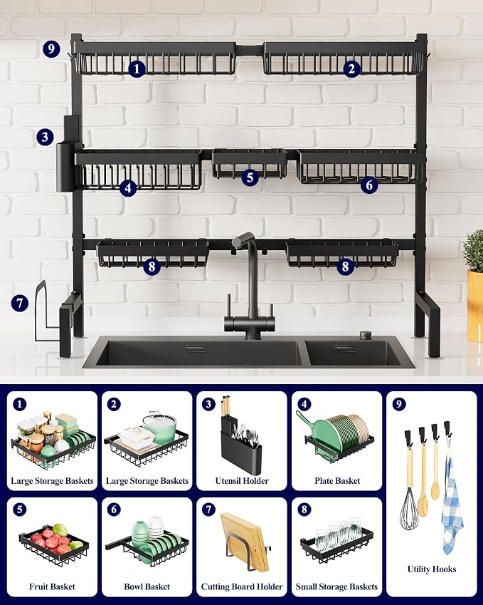Kitsure Adjustable Over The Sink Dish Drying Rack, 31.5" -39.4" x 30.3" | Sink Drying Rack for Kitchen Sink, Dish Rack Over Sink with Cutlery & Utensil Holders, Kitchen Storage, Black - Image 3