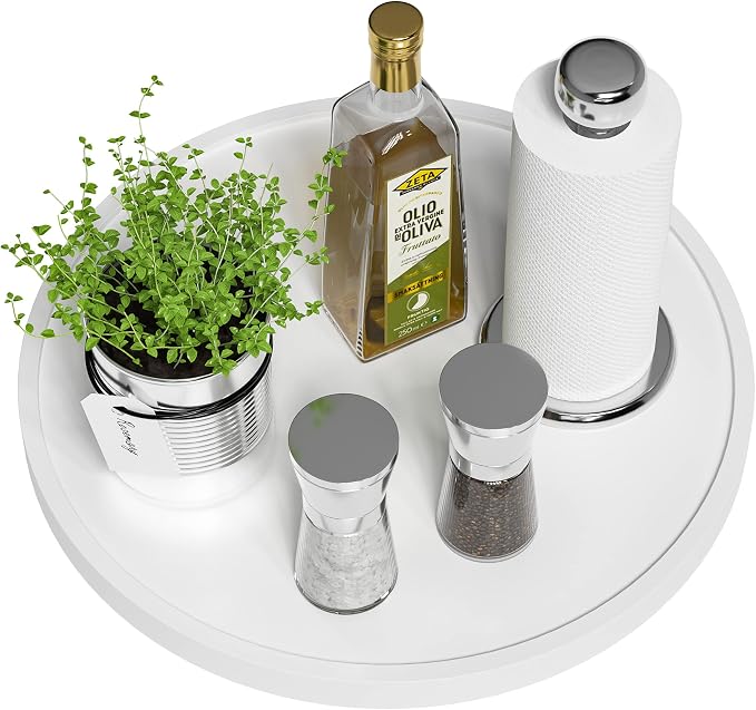 White Lazy Susan, 13.2 Inch Non-Skid Bamboo Turntable | Kitchen Table Cabinets and Closets, Wood Organizer for Kitchen Countertop by VeyFey