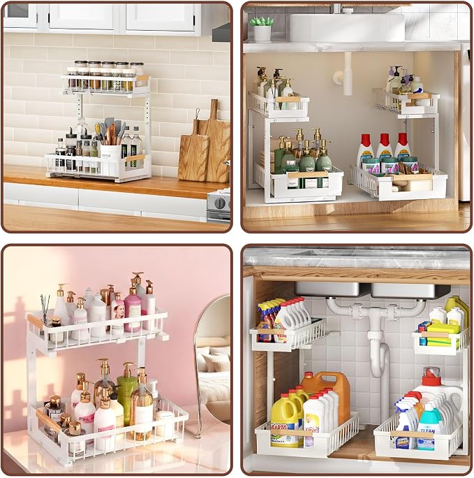 2 Pack Under Sink Organizer, 2 Tier Pull Out Cabinet Organizer with 5-Level Adjustable Height, Sliding Metal Storage Rack for Kitchen Bathroom Pantry, White - Image 6