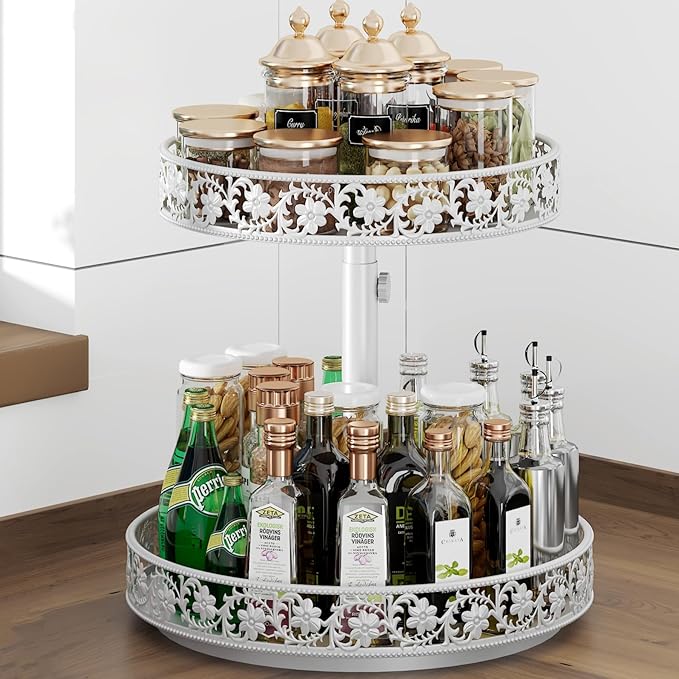 2 Tier Lazy Susan Organizer Turntable, 12 Inch, White | Adjustable, Easy Assembly & Cleaning, Two Tier Rotating Lazy Susan Spice Rack, For Cabinet Dining Table Kitchen Countertop by HISKIWUU