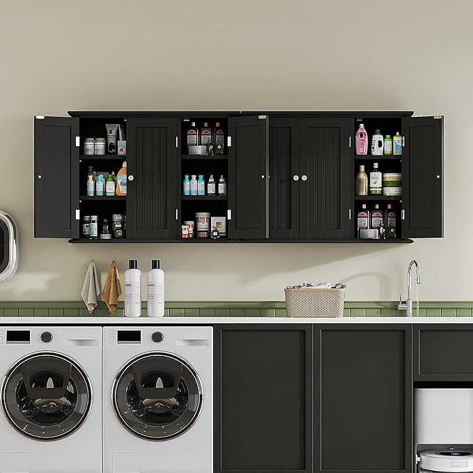 ChooChoo Laundry Cabinet with 3 Doors and Adjustable Shelves | 9.06"D x 31.1"W x 24"H, Bathroom Wall Cabinet, Cupboard, Black - Image 4