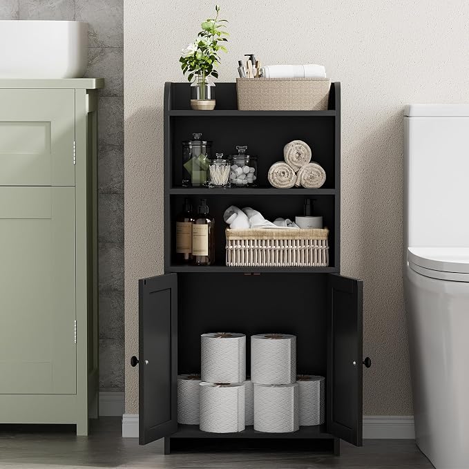 Homhedy Small Bathroom Storage Cabinet, Toilet Paper Storage Cabinet | Bathroom Floor Cabinet with Doors and Shelves, Bathroom Organizers for Small Spaces, 7.9" D x 14.6" W x 31" H, Black - Image 3