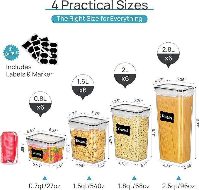 Vtopmart Airtight Food Storage Containers with Lids, 24 pcs, Black | For Cereal Pasta Snack Flour Sugar, BPA Free, Airtight Seal, Multiple Sizes, Dishwasher Safe (Not Lids), Includes 24 Labels - Image 2