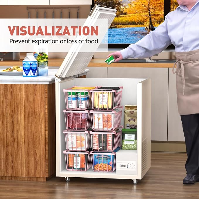 Goovilla Freezer Organizer Bins for 5-7 Cu.FT Chest Freezer, 8 Pack Pink | Foldable Handle Stackable Freezer Baskets, Coated Metal Freezer Storage Bins with Better Space Utilization, Deep Organization - Image 5