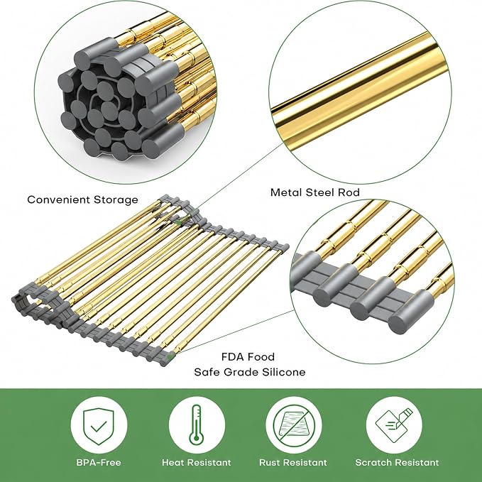 Expandable Large Draining Rack, Roll Up Heat-Resistant Dish Drainer for Stainless Steel Sinks, Collapsible Over The Sink Rack Non-Slip Silicone Rolling Up Rack Gold 18 Tube - Image 3