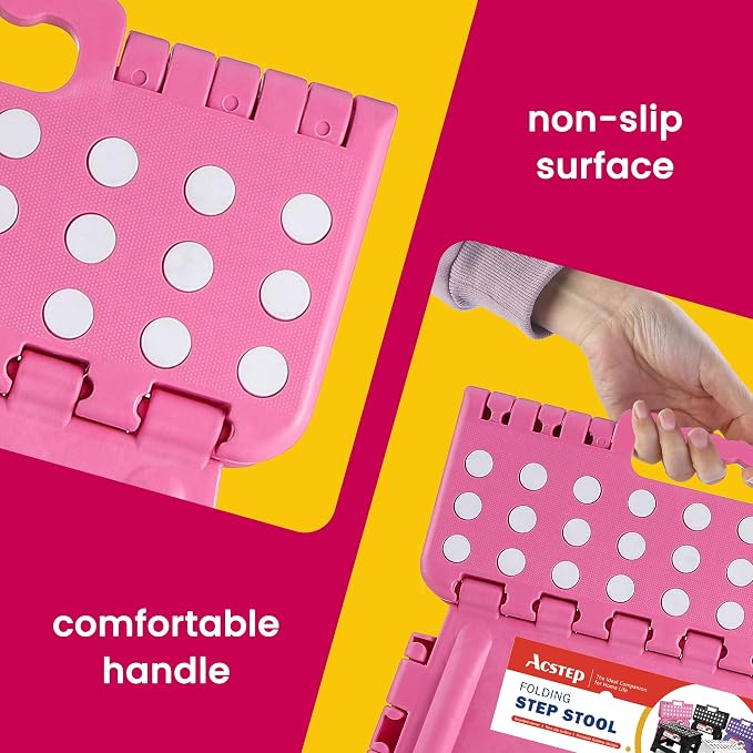 11" Folding Step Stool for Kids, Holds 300 lb Foldable Stools, Pink | Heavy Duty Collapsible Foot Stool, Lightweight with Built-in Handle, Non-Slip for Adults Kitchen Bathroom Bedroom Outdoor - Image 5