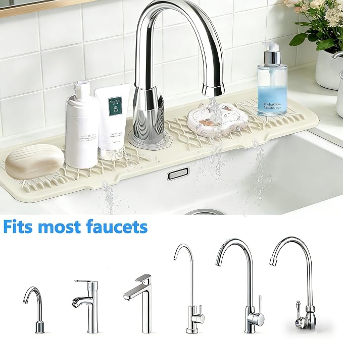 24 Inch Silicone Faucet Mat for Kitchen Sink, 7° Slope Fast Self-Draining Sink Splash Guard, Kitchen Sink Water Catcher Organizer, Kitchen Sink Accessories (off-white, 24''x5.6'') - Image 4