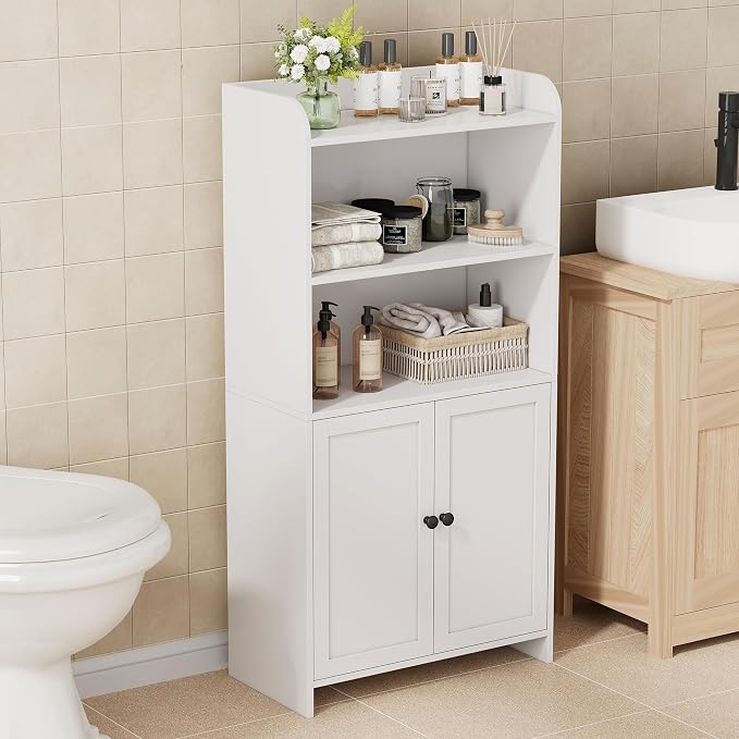 Homhedy Small Bathroom Storage Cabinet, Toilet Paper Storage Cabinet | Bathroom Floor Cabinet with Doors and Shelves, Bathroom Organizers for Small Spaces, 9.8" D x 19.7" W x 39.9" H, White by Homhedy