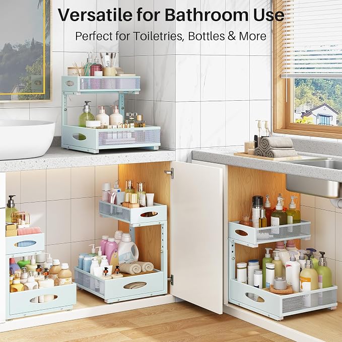 Under Sink Organizer, 2 Pack 2 Tier Pull Out Under Cabinet Organizer Shelf with Pad for Framed Cabinets, Metal Slide Out Under Sink Storage, Mesh Sliding Drawers for Kitchen Bathroom Laundry, Blue - Image 9