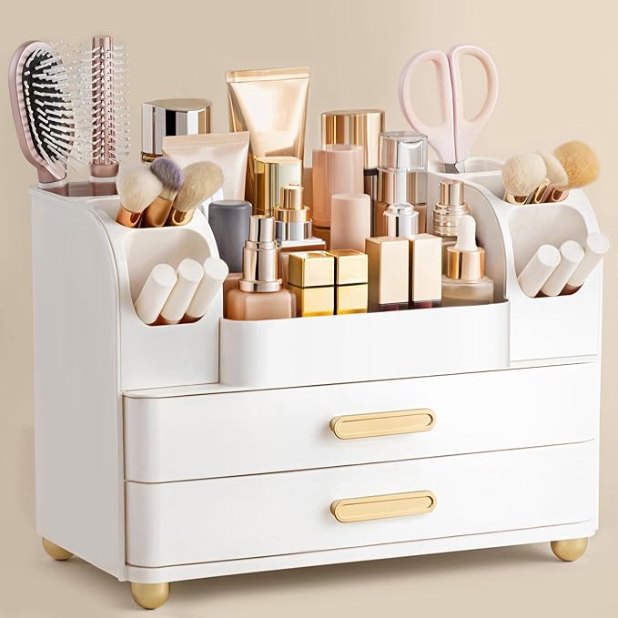 HBlife Makeup Organizer for Vanity with Brush Holder, Large Bathroom Countertop Cosmetic Organizer Skin Care Storage, Easy to Store Lipsticks, Nail Polishes, Perfumes, Eyeshadow Palettes, All White by HBlife