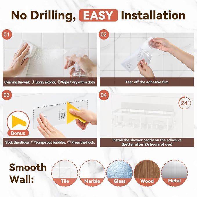 Shower Caddy Adhesive, Rustproof Shower Organizer, Wall Shower Rack | Large Capacity Shower Shelves for Inside Shower, Shampoo Shower Holder, White, 2 Caddies, 2 Soap Dishes, 1 Toothbrush Holder - Image 8