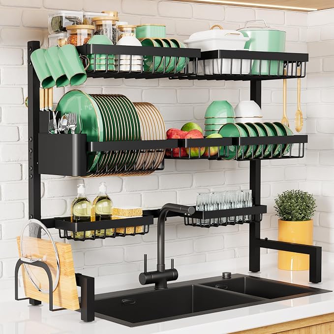Kitsure Adjustable Over The Sink Dish Drying Rack, 31.5" -39.4" x 30.3" | Sink Drying Rack for Kitchen Sink, Dish Rack Over Sink with Cutlery & Utensil Holders, Kitchen Storage, Black by Kitsure