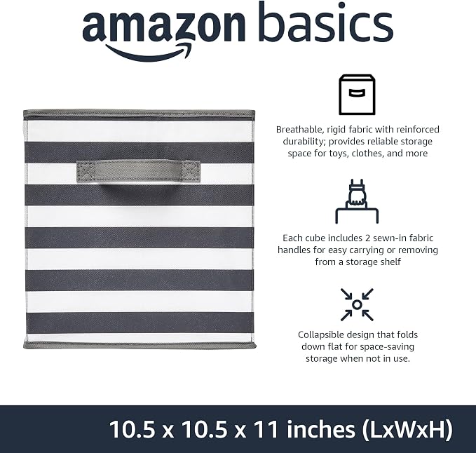 Amazon Basics Collapsible Fabric Storage Bins with Handles, Cube Organizer for Home Organization, White/Light Grey Stripe, 10.5"x10.5"x11" (Pack of 30) - Image 2