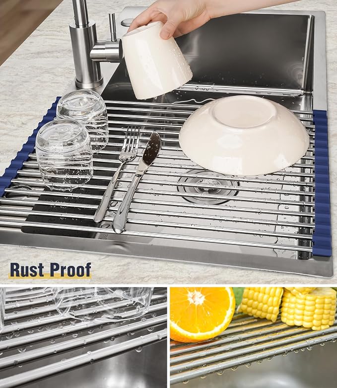 Tomorotec Roll Up Dish Drying Rack Over Sink, 304 Steel, 17.7x12.5, Indigo | Anti-Slip Silicone Rims For Grip, Heat-Resistant Trivet Mat Holding Heavy Cookware, Rustproof Kitchen Counter Space Saver - Image 2