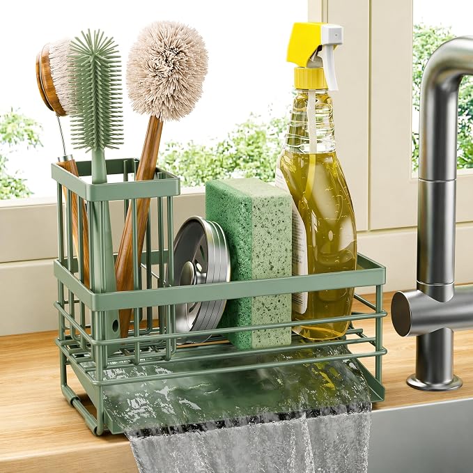 Cisily Sink Caddy Sponge Holder for Kitchen with Brush Holder and Stainless Steel Self Drain Tray, Rustproof Kitchen Sink Organizer for Sponge, Soap Dispenser Storage Accessories by CISILYHOMELIFE