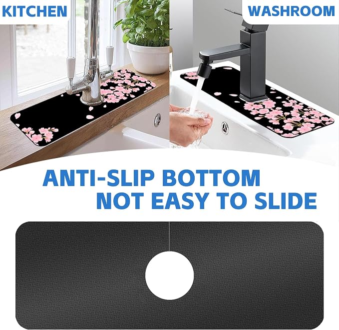 Faucet Mat for Kitchen Sink Romantic Cherry Blossoms Sink Splash Guard Behind Faucet Soft Diatom Mud Material Non-slip Easy to Clean for Bathroom & Kitchen 15"X5.5" - Image 7