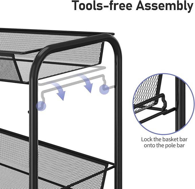 TOOLF 4-Tier Rolling Cart, Metal Utility Cart with 3 Hooks, Easy Assemble Mobile Storage Trolley On Wheels, Metal Shelving Units Kitchen Bathroom Laundry Room - Image 3