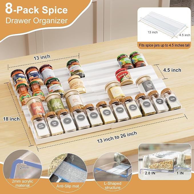 8-Pack Spice Drawer Organizer, 4 Tier Acrylic Spices Rack Tray for Cabinet | Expandable from 13" to 26", with Anti-Slip Mat, Kitchen Seasoning Storage Insert (Jars Not Included) - Image 2