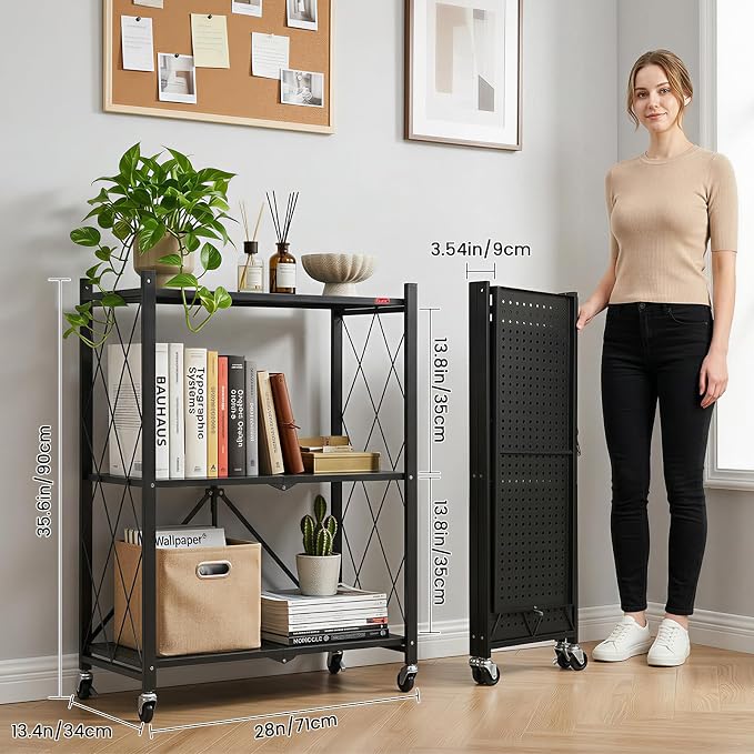 DEANIC 3 Tier Foldable Storage Shelves with Wheels, Kitchen Appliance Stand, Freestanding Metal Wire Shelf Rack, No Assembly Organizer Rolling Cart for Garage, Basement, Pantry(Black Pack of 2) - Image 3