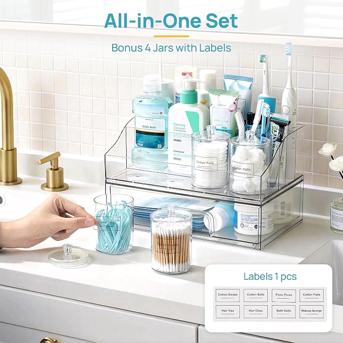 Vtopmart 6 PCS Bathroom Countertop Organizer Sets | 1 Divided Tray, 4 Qtip Holder Jars, 1 Drawers, Clear Organizers, For Toothbrush, Cotton Pads, Vanity Accessories - Image 2