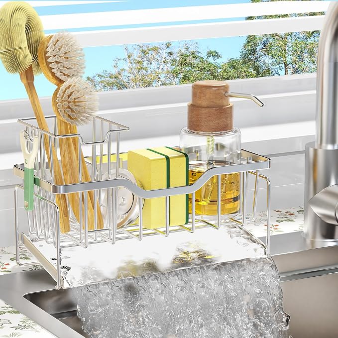 StorageRight Sponge Holder for Kitchen Sink, Sink Caddy Organizer, Silver | Rustproof Kitchen Sink Organizers with High Brush Holder & Self Drain Tray, Anti-Slip Kitchen Countertop Storage Essentials by StorageRight
