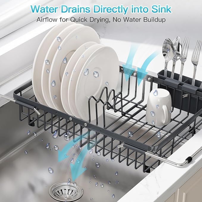 JASIWAY Gray Dish Drying Rack Over the Sink with Utensil Holder | Expandable Stainless Steel Dish Driainers for Small Kitchen, Apartment, Counter Space Saving, Fast Drain, Rust Resistant - Image 6