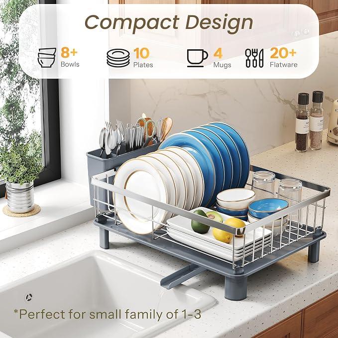 SNTD Dish Drying Rack for Small Kitchen Counter, 11" W x 15" L, Silver | Space Saving, Rotating Spout & Angled Drainboard for Quick Drainage, Stainless Steel, Removable Utensil Holder - Image 3