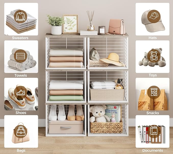 3PCS Stackable Closet Organizers and Storage Basket | with Wood Top Extra Storage, Multifunctional Storage Organizer Bin, Open Wire Basket, Greige and White - Image 4