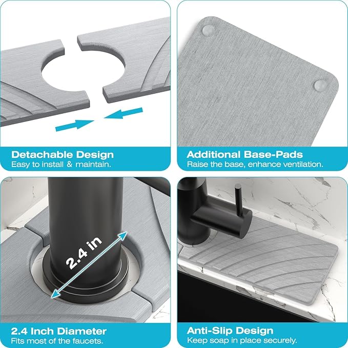 SpaceHacks Stone Faucet Mat for Kitchen Sink 15.7x4 in, Light Gray | Fast Drying Diatomite Stone Drying Mat, Water Splash Guard, Textured Drainage Sink Protector, Suits Bathroom&Kitchen Counter - Image 5