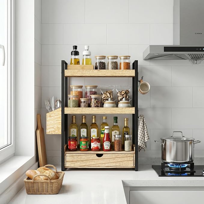 3-Tier Bathroom Counter Organizer with Drawer Basket and Hooks, Wood Bathroom Organizers and Storage for Countertop, Farmhouse Brown Countertop Organizer, Counter Shelf for Vanity, Kitchen,Office - Image 4
