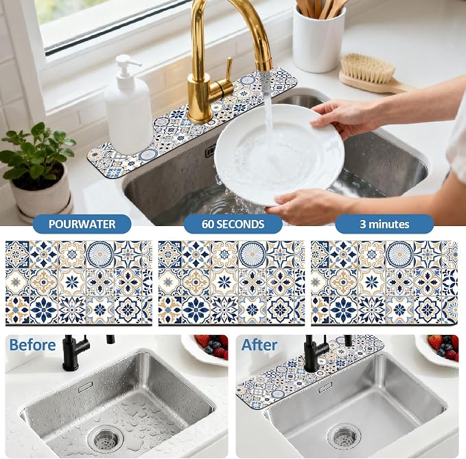 2 Pcs Kitchen Sink Splash Guard Faucet Mat Blue-toned Tile Faucet Mat for Sinks Absorbing Drying Mats for Kitchen Bathroom, 23.6x5.5inch - Image 5