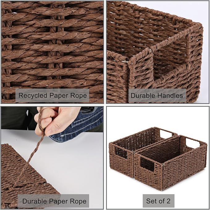 Wicker Storage Basket, Set of 2 Hand-Woven Paper Rope Wicker Basket, Small Storage Baskets for Organizing Toilet Paper, Foldable Large Cube Storage Organizer Bins for Shelves (Brown) - Image 7