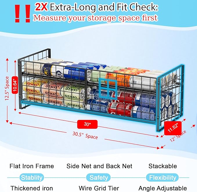 2-Tier Stackable Can Rack Organizer for Pantry Shelf, Extra-Long Can Holder for Kitchen Organization,Heavy Duty Can Dispenser for Canned Food Soup Goods up to 64 in Cabinet Storage, Black - Image 2