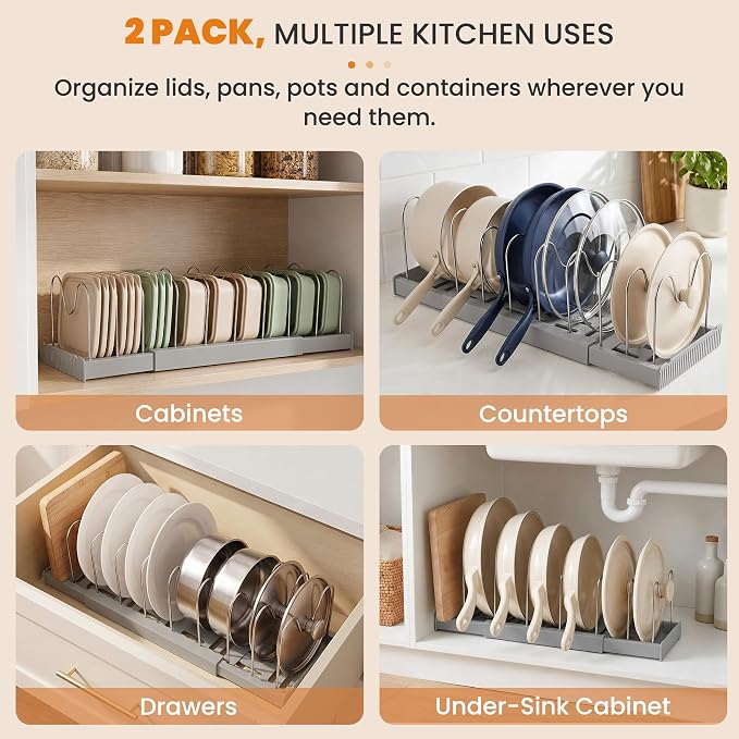 2 Pack Expandable Pot Lid Organizers with 10 Adjustable Dividers | 12.6-22.4 Inch Pots and Pans Organizer Rack Under Cabinet, Countertop, Pan Lids, Bakeware, Food Container Lids, Grey - Image 6