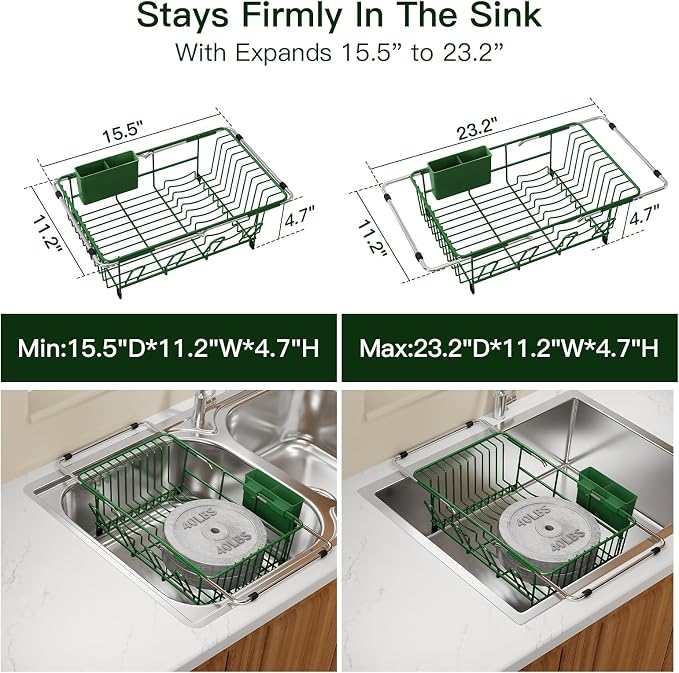 Grey Dish Drying Rack Over The Sink with Utensil Holder, Mat | Expandable Stainless Steel Dish Drainer for Small Kitchen, Apartment, RV, Counter Space Saving, Perfect Fit, Rustproof - Image 3