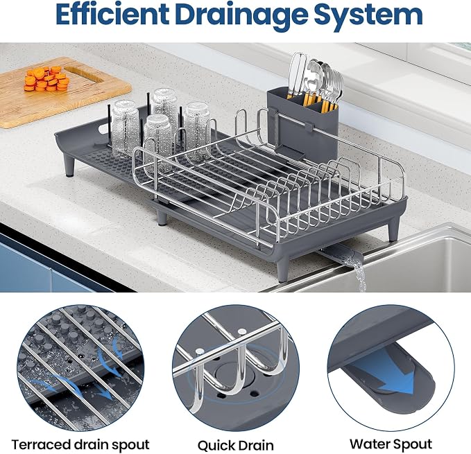 NTD Expandable Dish Drying Rack for Kitchen Counter, 16.7"-26.8", Gray | Large Multifunctional Dish Drainers, Anti-Rust, with Cutlery & Cup Holders, Self-Draining Drainboard, FIts for 4-5 People - Image 5