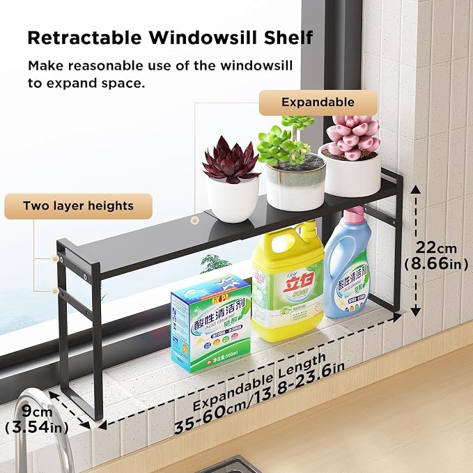 Expandable Narrow Shelf Organizer with 2-Level Adjustable Height | Black, Tall Countertop Organizer for Tight Spaces, Windowsill Plant Stand, Over-Sink/Faucet Shelf, Kitchen Counter Storage - Image 2