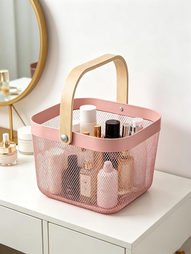 AJIODA Metal Mesh Steel Basket, Storage Organizer Basket Multi-functional Hanging Kitchen Baskets Fruit Baskets with Wooden Handle for Kitchen Bathroom Picnic Shopping Decor Cabinet Home, Rose Pink - Image 3